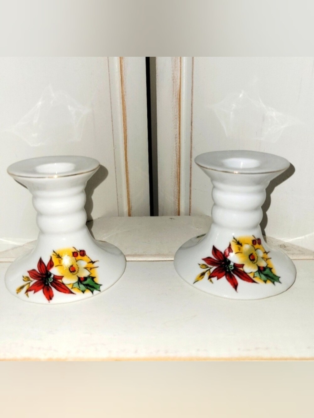 Christmas Poinsettia Porcelain Candlestick Holder set